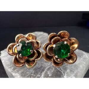Vintage 1940s Vermeil Flower Screw Back Green Paste Earrings